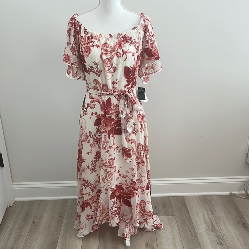 Gabby Skye Cream Midi Dress with Red Floral Print